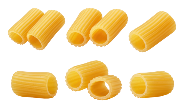 Close-up of uncooked rigatoni pasta isolated on transparent background