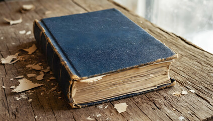 An old, worn-out book with a faded blue cover placed on a rustic wooden surface