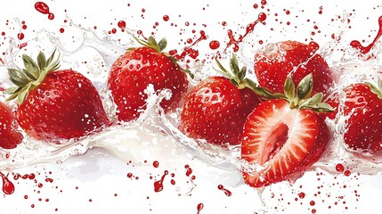  A cluster of strawberries plunging into a cup of water with a water droplet splashing above them