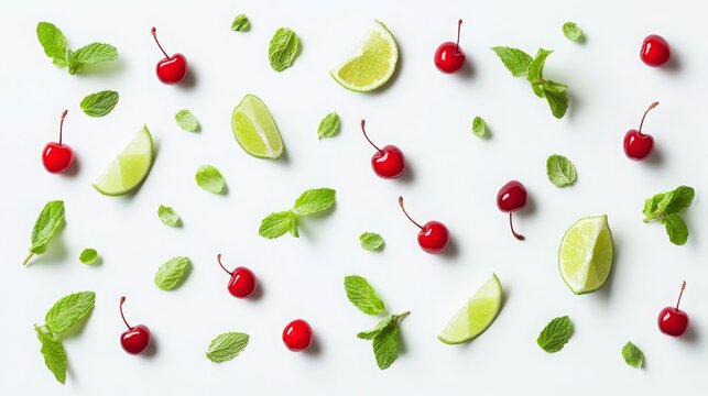 Minimalist garnish elements lime wedges, cocktail cherries, mint leaves arranged in a simple pattern, 16:9