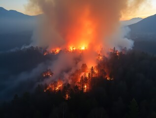 Fototapeta premium Intense Forest Fire Spreading Across Mountain Landscape