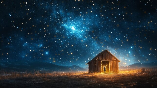 A wooden stable under the vast expanse of the starry heavens, glowing gently with divine light, a peaceful and sacred scene