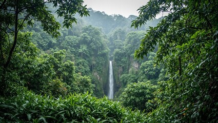 Lush rainforest scene with dripping green leaves under a tropical downpour showcasing a distant waterfall in the jungle