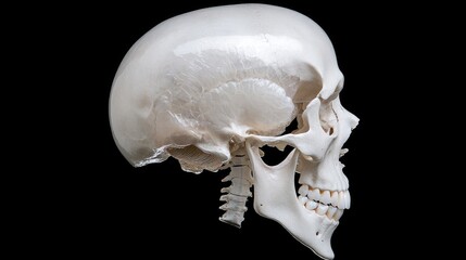 Human skull profile, anatomical study, black background, medical illustration