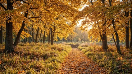 Fototapeta premium Experience the stunning beauty of fall with this vibrant image of an autumn forest golden leaves crisp air and warm sunlight filtering through the trees