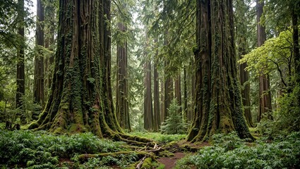 Obraz premium Majestic redwood forest with towering trees draped in ivy surrounded by lush ferns on the forest floor