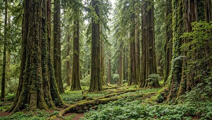 Majestic redwood forest with towering trees draped in ivy surrounded by lush ferns on the forest floor
