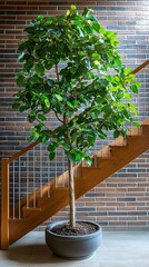 Large potted tree in modern home interior.