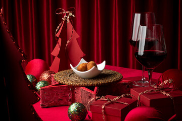 Golden Crispy Croquettes – Traditional Catalan Christmas Appetizer in Elegant Festive Red Setting