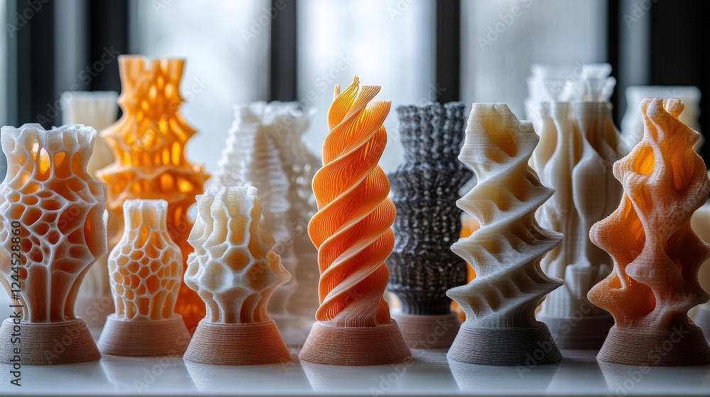 Poster collection of intricate 3d-printed sculptures displayed on a table with natural light filtering thro