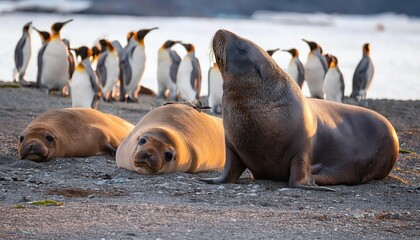 Striking Encounter of Elephant Seals and King Penguins at Gold Harbours Coastal Landscape, South Georgia A Blend of Wildlife Wonders and Majestic Beauty