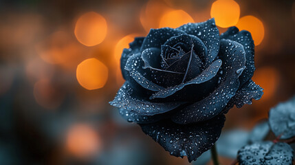 A close-up of a black rose with water droplets on its petals, set against a blurred background with warm bokeh lights.