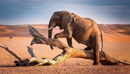 Majestic Elephant Balancing on Deserted Tree Branch in Arid Desert at Dusk, Showcasing Dramatic Contrast between Wildlife and Barren Landscape.