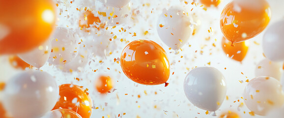 Close-up of orange and white balloons with gold confetti floating, creating a festive and celebratory atmosphere for a party, birthday, or special event.