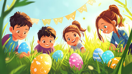 Kids excitedly search for colorful easter eggs hidden among the lush green blades of grass under a festive banner. Hidden Easter Eggs & Symbolism. Illustration