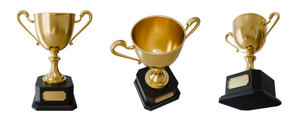 Golden trophy cup, competition, transparent background, 3D