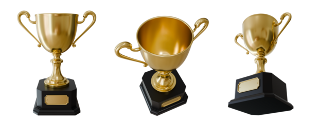 Golden trophy cup, competition, transparent background, 3D