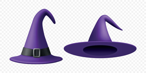 Vector 3d Realistic Witch Hats Illustration. Purple Witch Hat for Halloween Set. Spooky Decor, Design Element, Icons. Halloween Vector Art for Seasonal Graphics