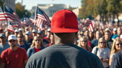 Crowd of people with American flags on the street