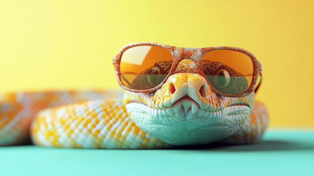 Snake with sunglasses on a colorful background.