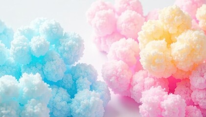 Fototapeta premium Pastel pink, blue, and yellow cotton candy swirls on a white background , summer, celebration, spring