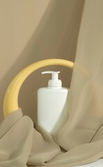 Yellow Circle Vase for Decor with delicate fabric. Minimalist Modern Style product photography. Isolated Bottle of body cream with delicate fabric. Delicate touch. Soft elegance. Online shopping. Ads.
