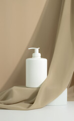 Generatpedestal, platform. White pump dispenser bottle on podium display, decoration, marketing website.  Delicate touch. Soft elegance. Online shopping. Ad. Minimalist beauty product styling ed Image