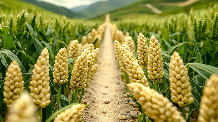 Wheat field path, rural landscape, summer harvest, agriculture