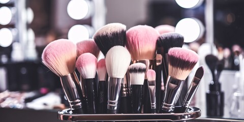 Set of Professional Makeup Brushes in Holder. A collection of professional makeup brushes, featuring a variety of sizes and bristle types, neatly arranged in a stylish chrome holder. 