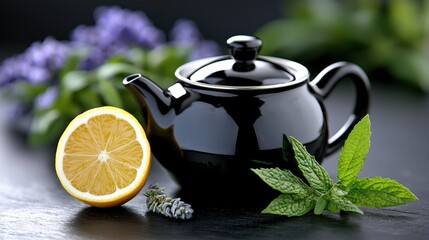 Black teapot, lemon, mint, lavender, dark background; herbal tea