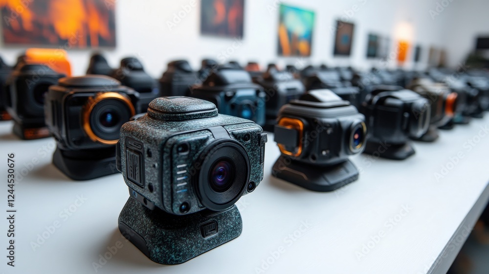 Poster a collection of various camera models displayed on a table in a modern gallery setting