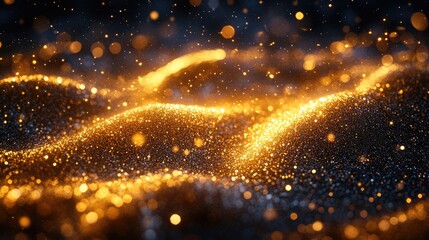 A shimmering abstract landscape of golden particles against a dark background.