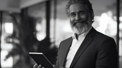 Fototapeta premium The image depicts a man with a well-groomed beard and mustache, confidently holding a tablet device in his hand. He is dressed in a business suit and tie, suggesting a professional setting or context.