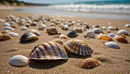 Sea shells washed up on a sandy beach