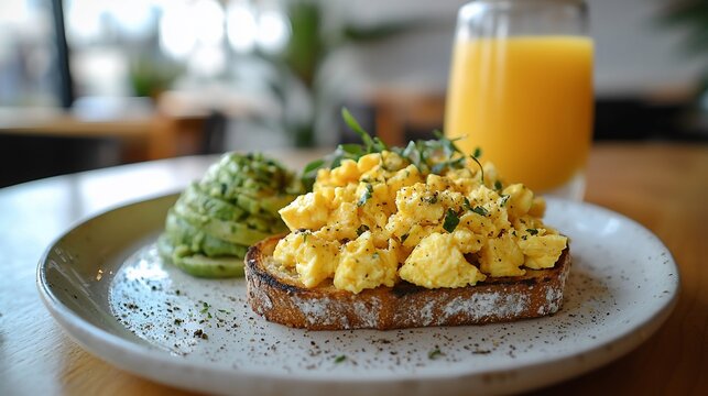 Scrambled eggs avocado toast breakfast cafe