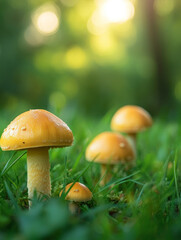 Mushrooms growing in a sunlit forest clearing.