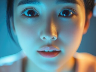 This image captures a moment of subtle emotion in the eyes and lips of a person, highlighting the importance of non-verbal communication in interpersonal interactions. It's a close-up portrait that