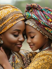 Fototapeta premium A tender image capturing the bond between a mother and daughter in traditional attire, symbolizing their shared heritage and cultural pride.