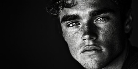 Intimate black and white portrait of a young man, capturing a moment of deep thought or introspection. The selective color technique draws attention to his facial features while maintaining the