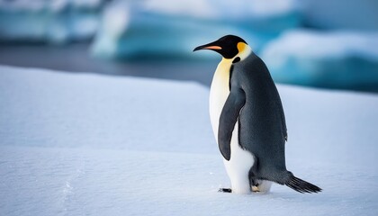 Fototapeta premium Imposing Emperor Penguin Amidst Snowy Landscape of Snow Hill Island, Antarctic Peninsula, at Twilight