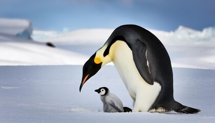 Striking Portrait of an Emperor Penguin Adult and Chick against a Snowy Backdrop at Sunset on Snow Hill Island, Antarctica A Perfect Blend of Wildlife, Dramatic Lighting, and Frozen Majesty