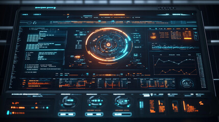 Futuristic digital dashboard interface with glowing orange and blue holographic data displays, symbolizing artificial intelligence, cybersecurity, and advanced analytics