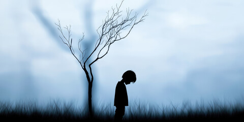 A lonely child in a field by the woods. Sad abandoned child, silhouette. Loneliness, unwantedness, child depression, socially dysfunctional family