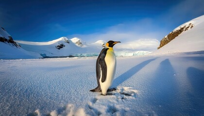 Fototapeta premium Striking Emperor Penguin Standing Regally on Snowy Snow Hill Island against a Backdrop of Antarctic Peninsulas Frosty Sunset, Embracing Winters Majesty.