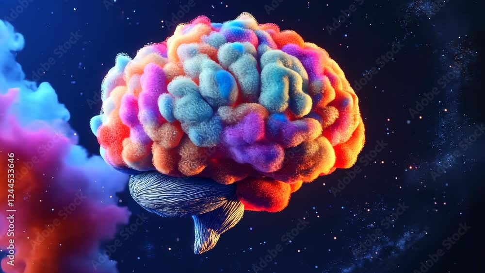Poster colorful abstract brain floating in space surrounded by vibrant nebulas and starry background