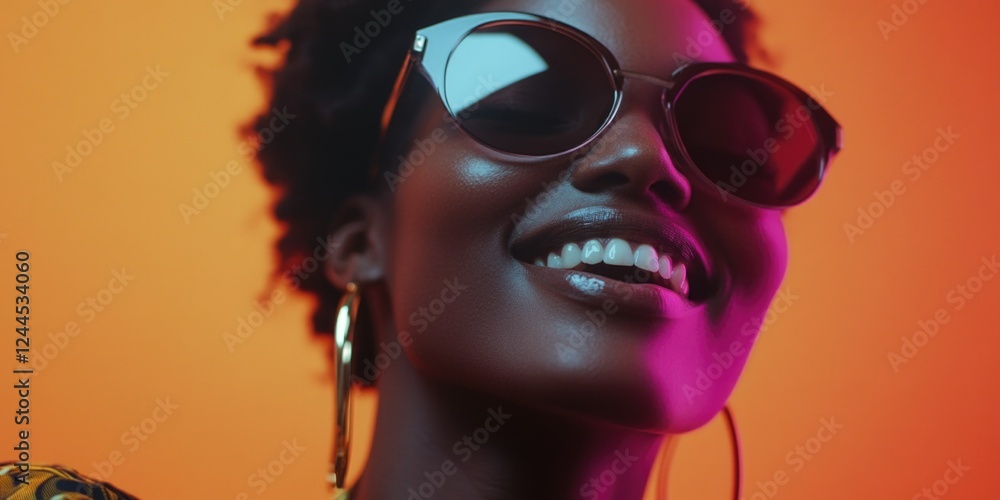 Sticker Vibrant, joyful portrait of a young black woman exuding happiness. She is styled with sunglasses and a fun, colorful backdrop that accentuates her cheerful demeanor.