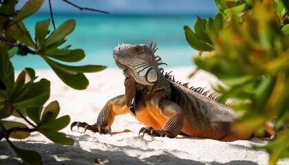 Endangered Bahamian Rock Iguana Basking on Beach Amidst Lush Greenery and Tropical Vegetation, Showcasing Rare Wildlife in Stunning Caribbean Landscape.