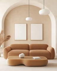 Fototapeta premium Levanto style living room, cozy caramel toned boucle sofa, arched textured accent wall, sculptural resin coffee table, minimalist pendant lights, two blank