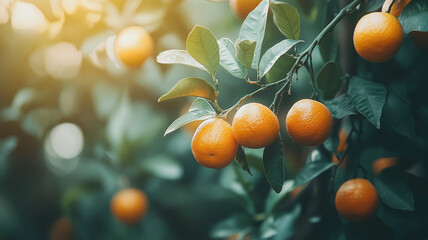 Oranges hanging on a tree branch with green leaves.
