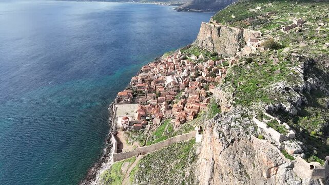 Aerial view of the Monemvasia peninsula in Greece. A medieval fortress in Lakonia, Peloponnesse.